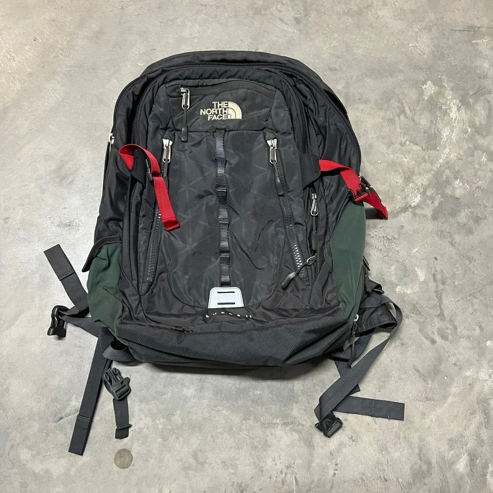 The North Face Surge II Backpack Black Red Green Hiking Travel Laptop Bag